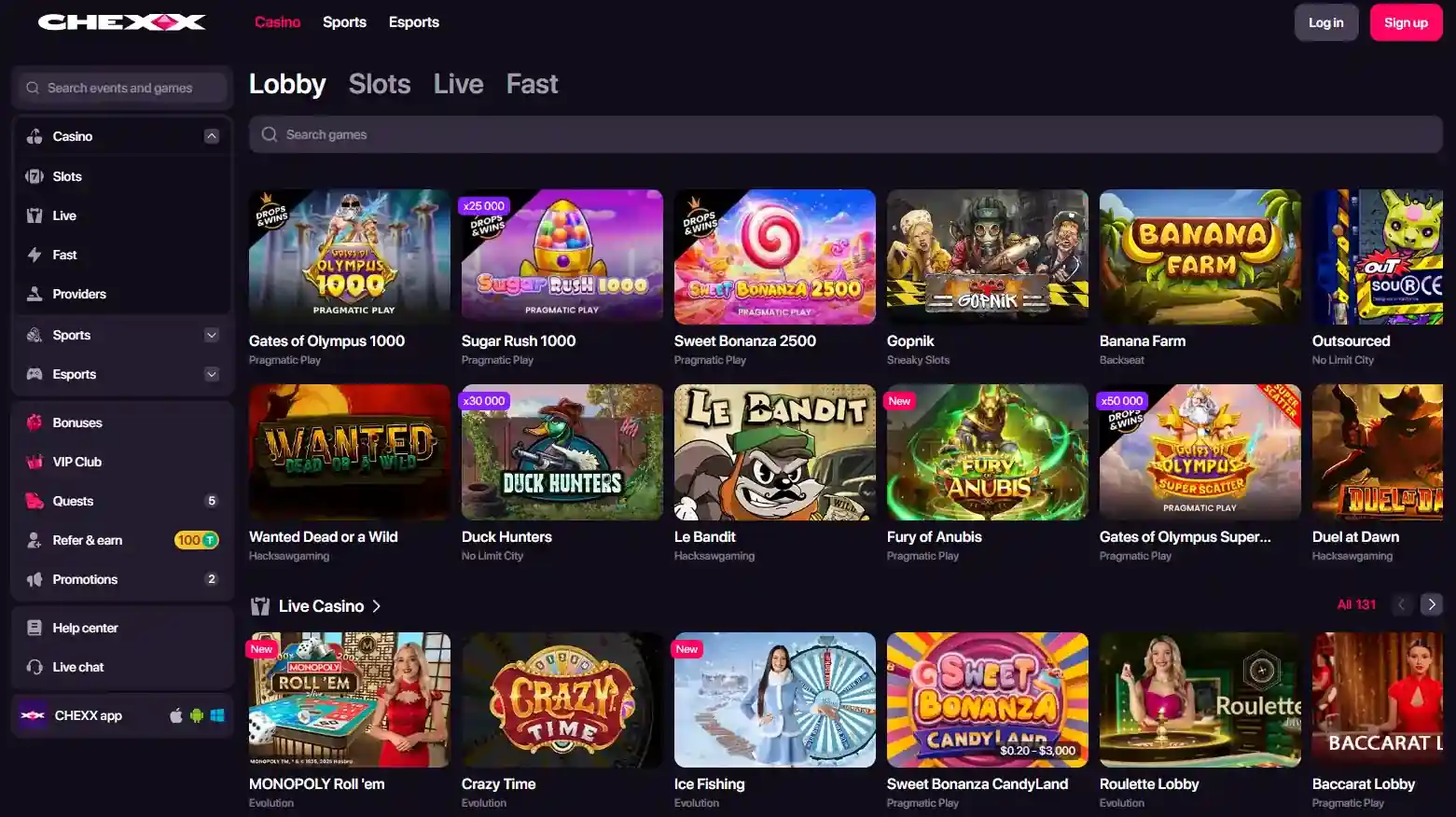 CHEXX casino games interface